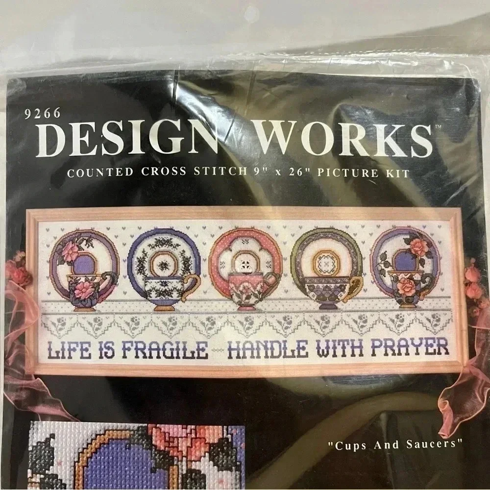 Design Works NEW Counted Cross Stitch Kit #9266 Cups and Saucers  9 x 26 inch